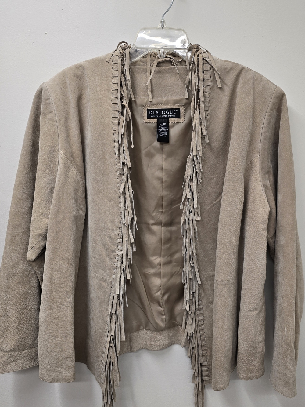 Dialogue Taupe Suede Fringe Open-Front Jacket